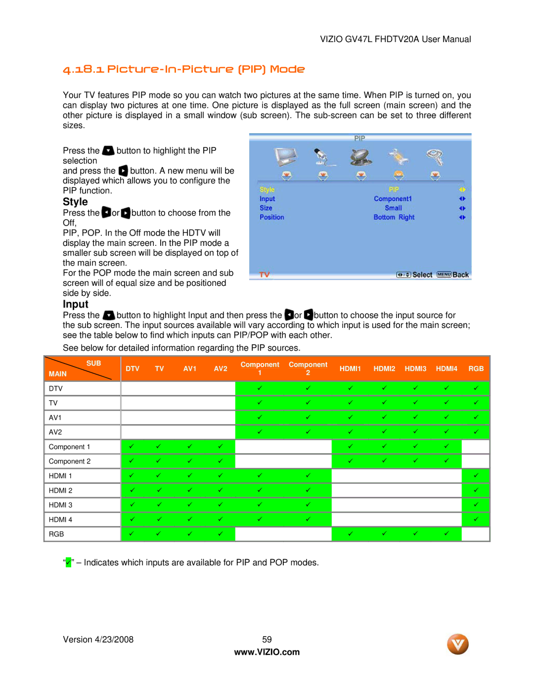 Vizio GV47L FHDTV20A user manual Picture-In-Picture PIP Mode, Style 