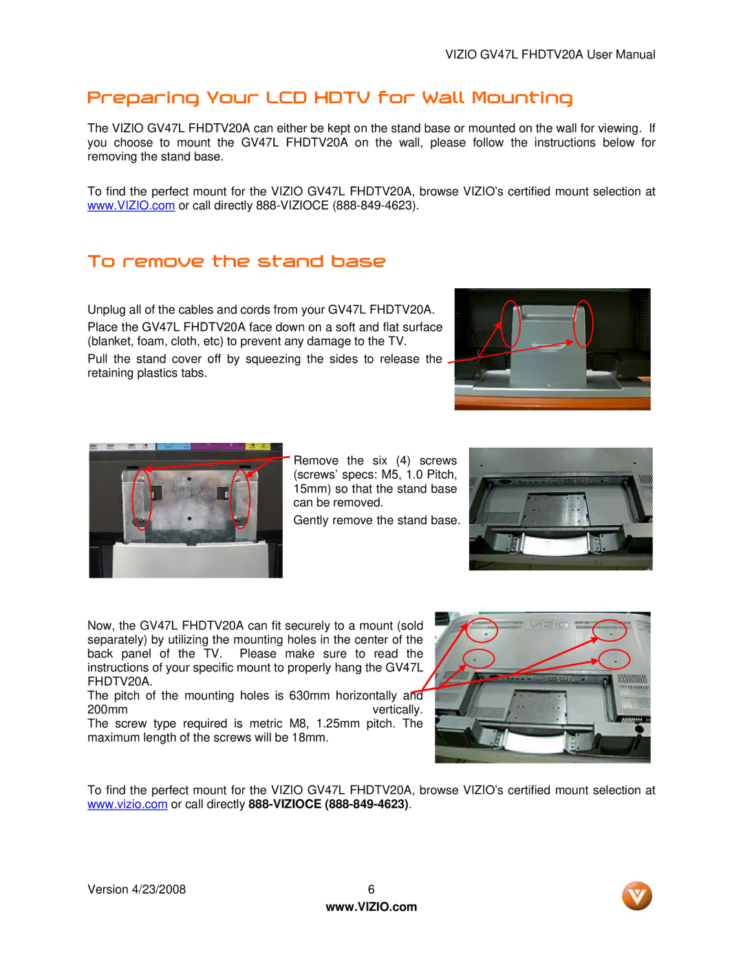 Vizio GV47L FHDTV20A user manual Preparing Your LCD Hdtv for Wall Mounting, To remove the stand base 