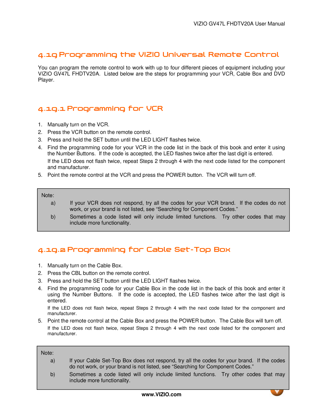 Vizio GV47L FHDTV20A user manual Programming the Vizio Universal Remote Control, Programming for VCR 