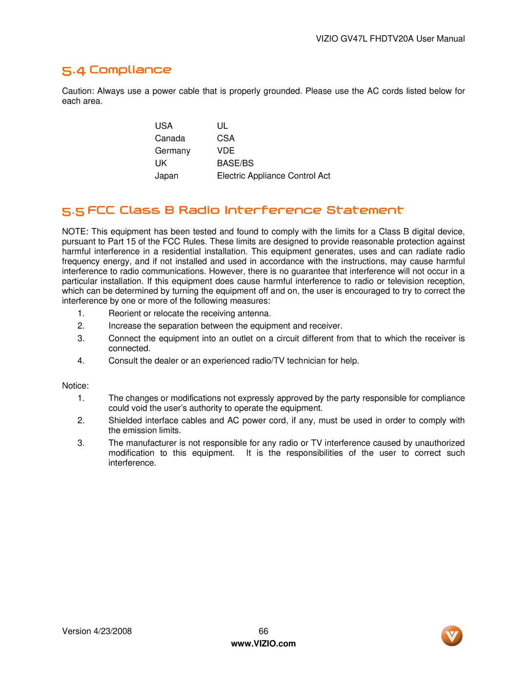 Vizio GV47L FHDTV20A user manual Compliance, FCC Class B Radio Interference Statement 