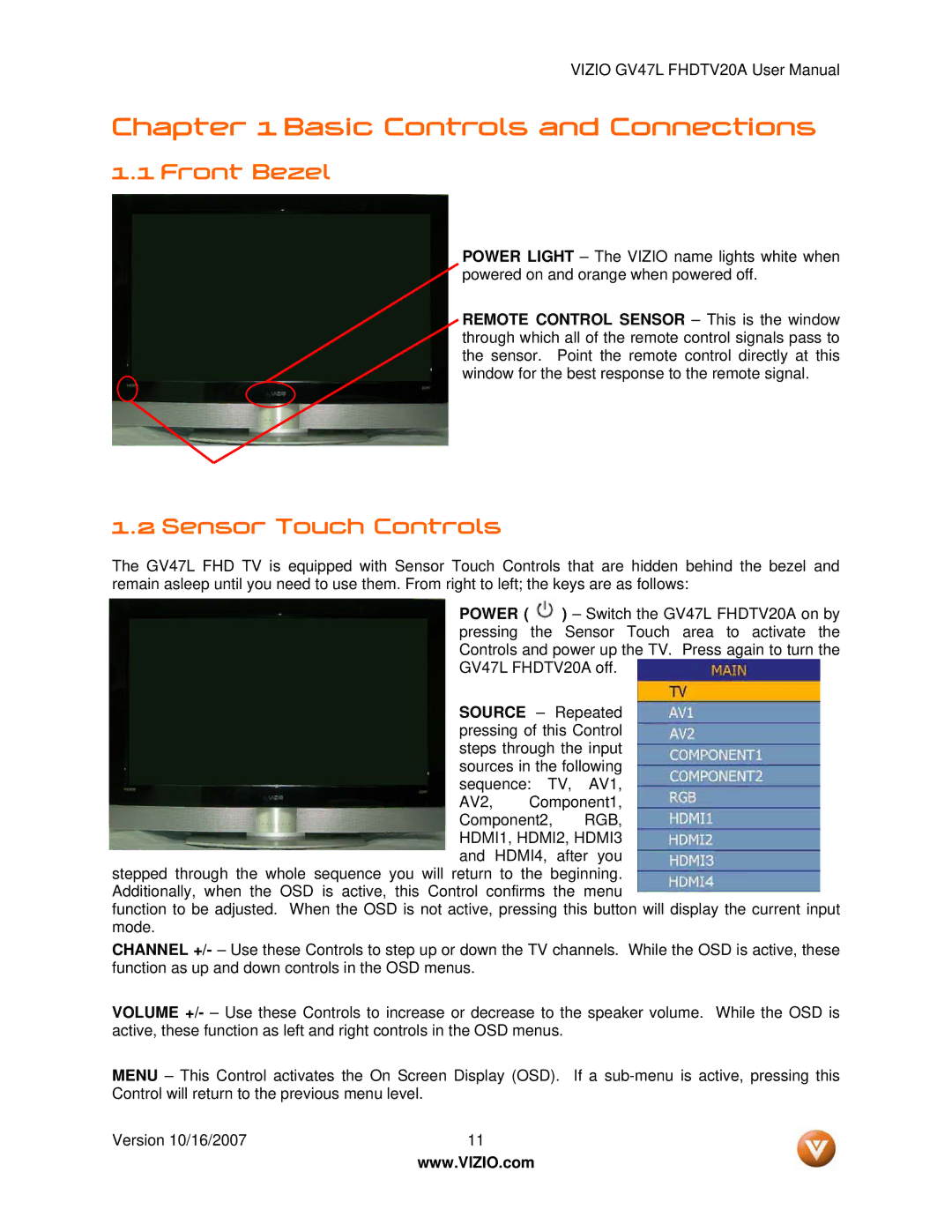 Vizio GV47L FHDTV20A user manual Front Bezel, Sensor Touch Controls 