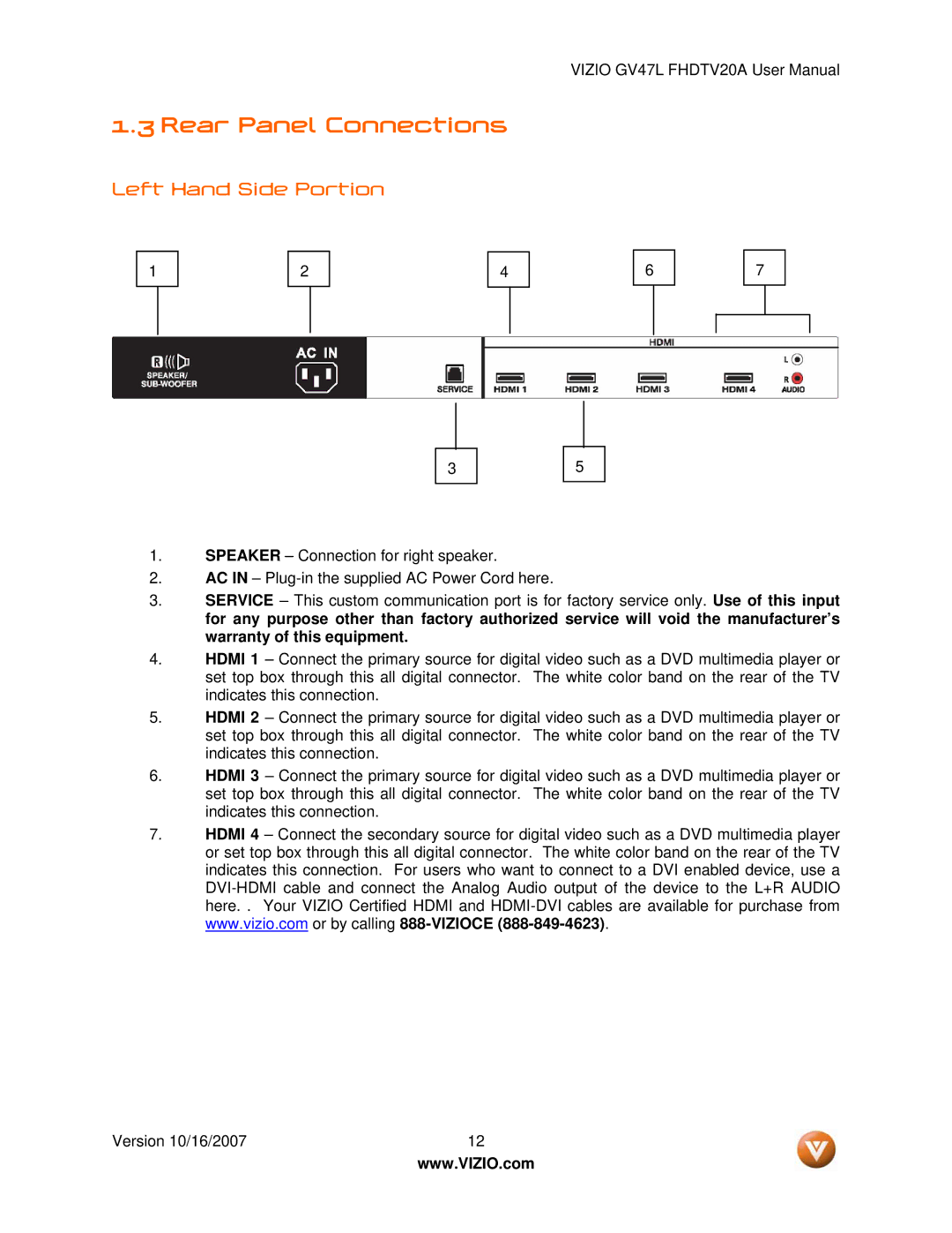 Vizio GV47L FHDTV20A user manual Rear Panel Connections, Left Hand Side Portion 