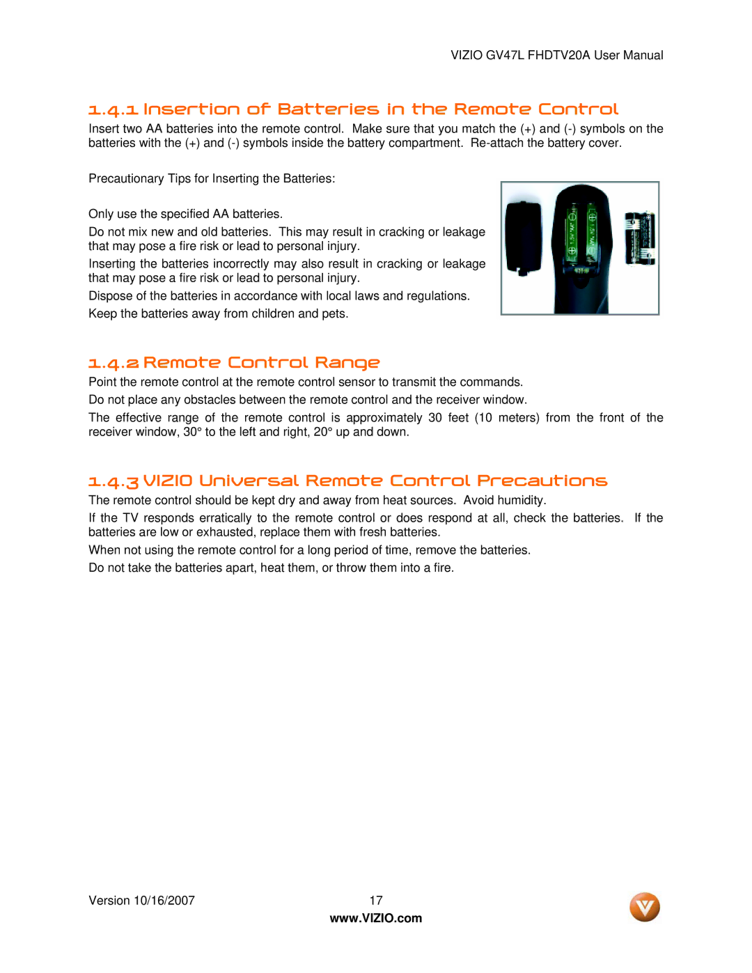 Vizio GV47L FHDTV20A user manual Insertion of Batteries in the Remote Control, Remote Control Range 