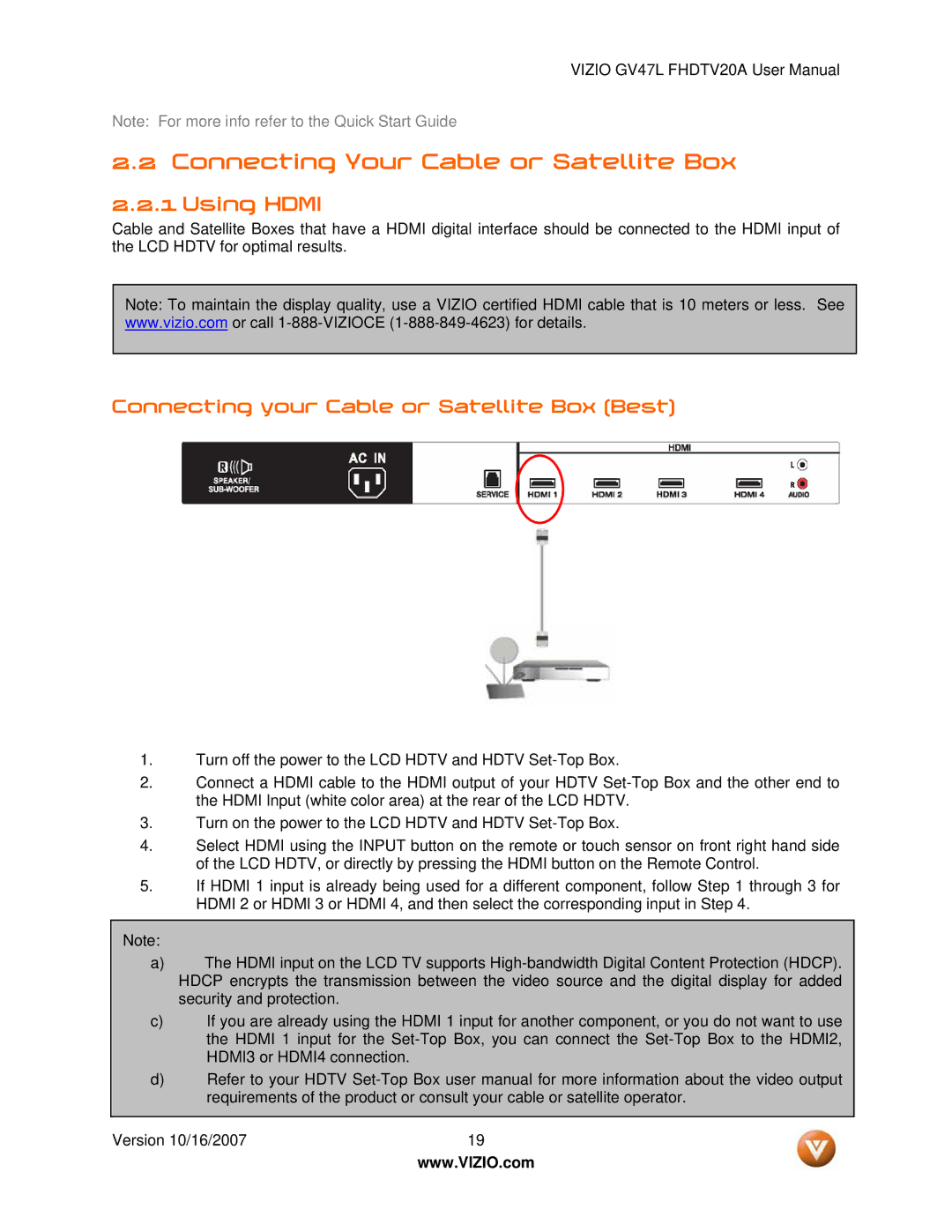 Vizio GV47L FHDTV20A Connecting Your Cable or Satellite Box, Using Hdmi, Connecting your Cable or Satellite Box Best 