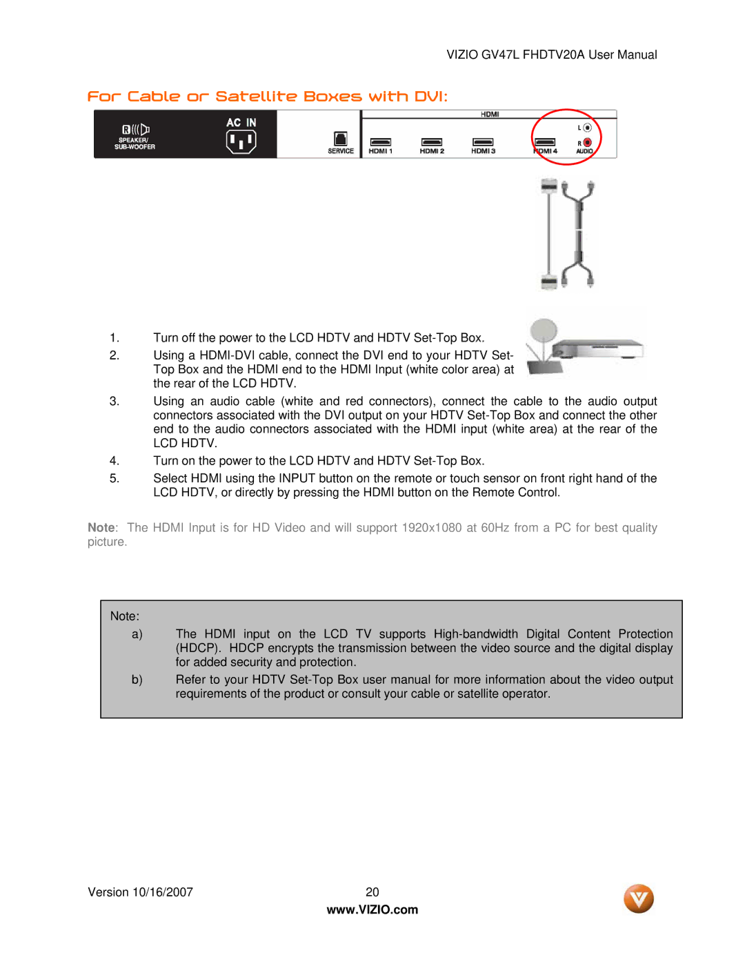 Vizio GV47L FHDTV20A user manual For Cable or Satellite Boxes with DVI, LCD Hdtv 