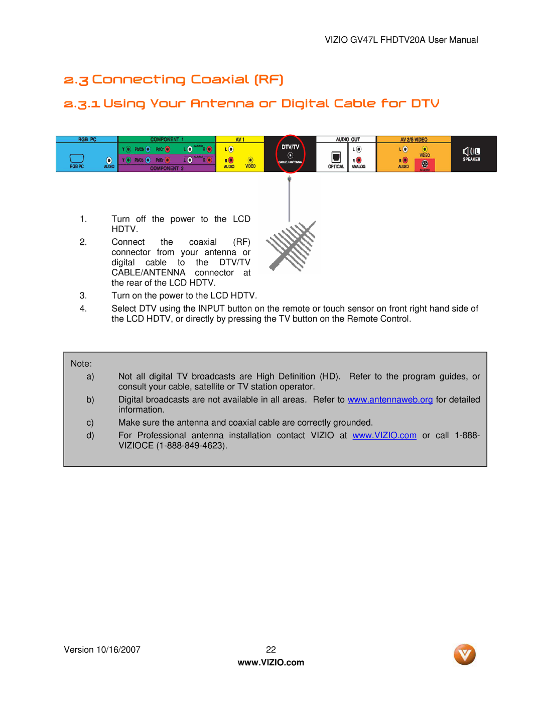 Vizio GV47L FHDTV20A user manual Connecting Coaxial RF, Using Your Antenna or Digital Cable for DTV 