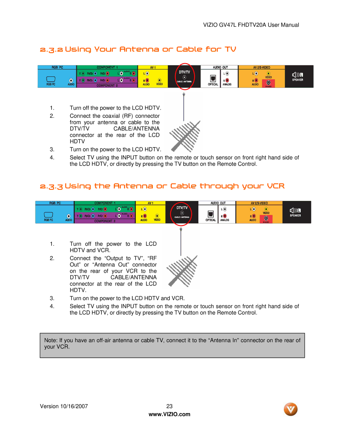 Vizio GV47L FHDTV20A user manual Using Your Antenna or Cable for TV, Using the Antenna or Cable through your VCR 