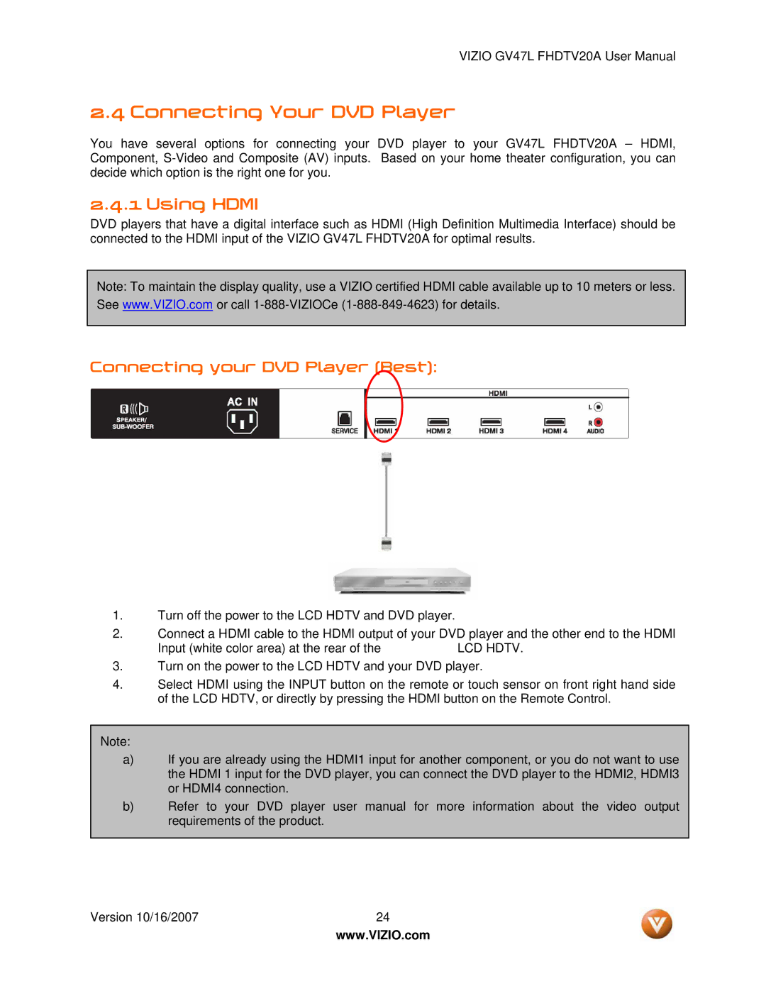 Vizio GV47L FHDTV20A user manual Connecting Your DVD Player, Connecting your DVD Player Best 