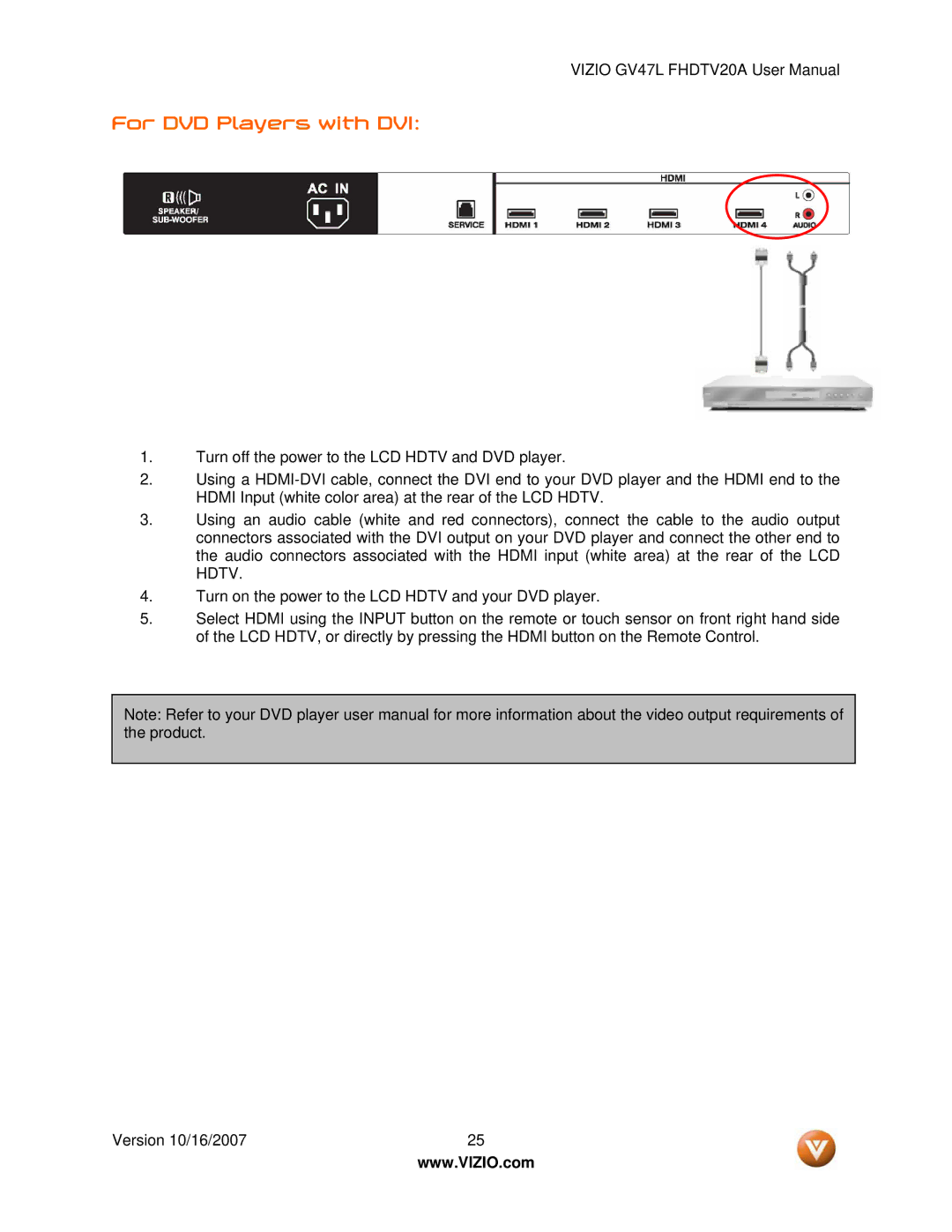 Vizio GV47L FHDTV20A user manual For DVD Players with DVI 