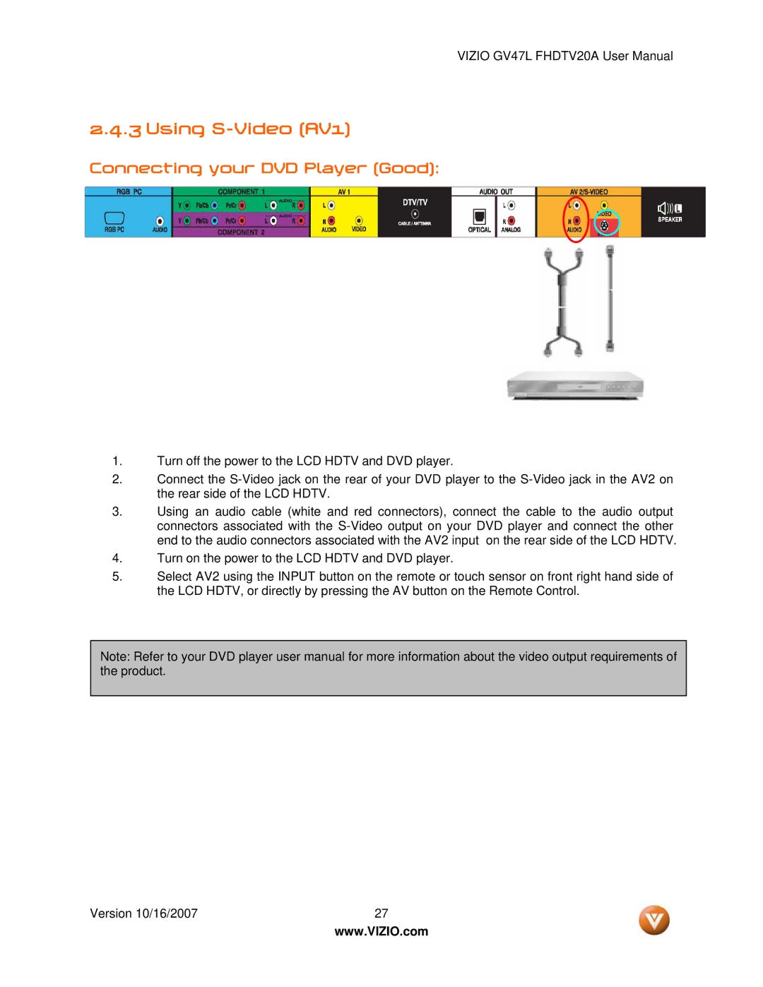 Vizio GV47L FHDTV20A user manual Using S-Video AV1, Connecting your DVD Player Good 