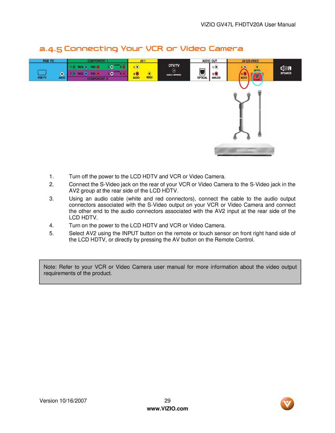 Vizio GV47L FHDTV20A user manual Connecting Your VCR or Video Camera 