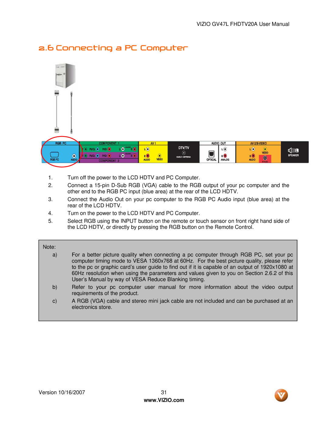 Vizio GV47L FHDTV20A user manual Connecting a PC Computer 