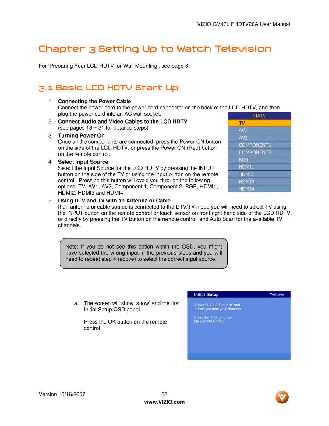 Vizio GV47L FHDTV20A user manual Basic LCD Hdtv Start Up, Connecting the Power Cable, Select Input Source 