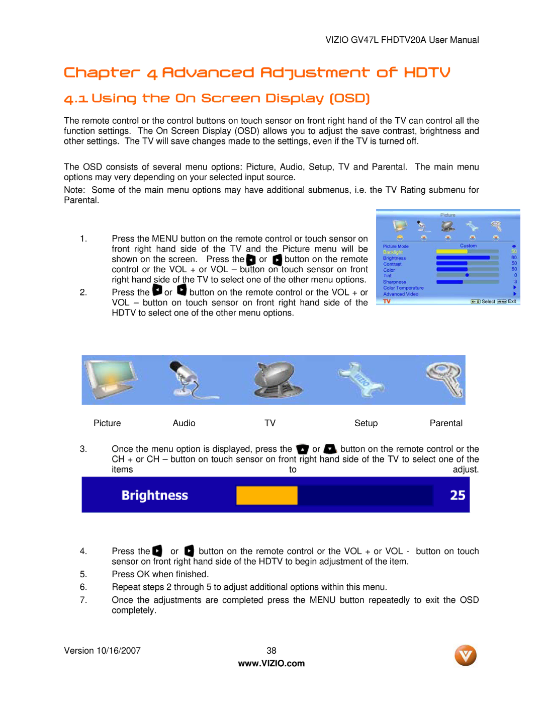 Vizio GV47L FHDTV20A user manual Advanced Adjustment of Hdtv, Using the On Screen Display OSD 