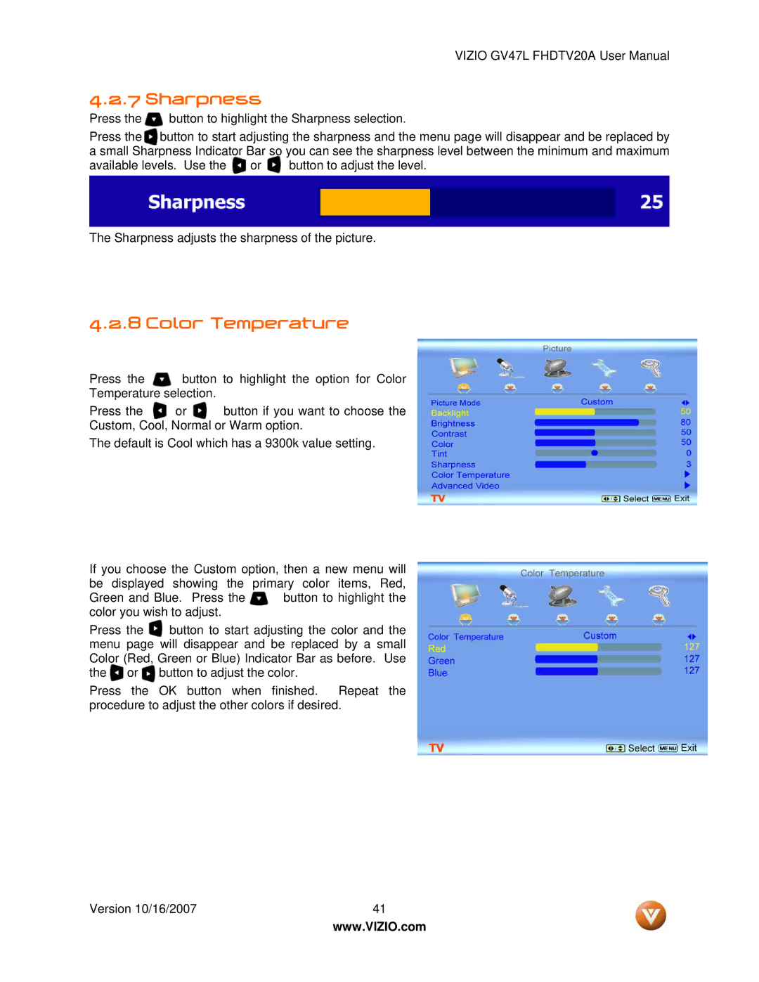 Vizio GV47L FHDTV20A user manual Sharpness, Color Temperature 