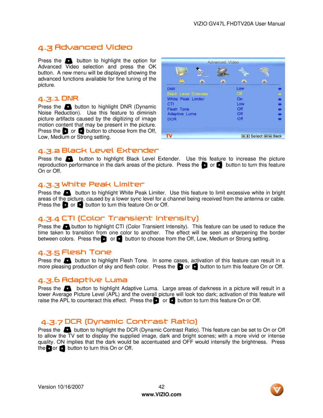 Vizio GV47L FHDTV20A user manual Advanced Video 
