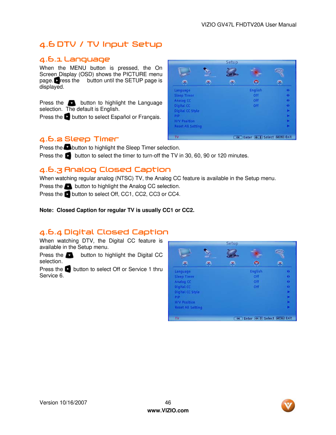 Vizio GV47L FHDTV20A user manual DTV / TV Input Setup, Language, Sleep Timer, Analog Closed Caption, Digital Closed Caption 