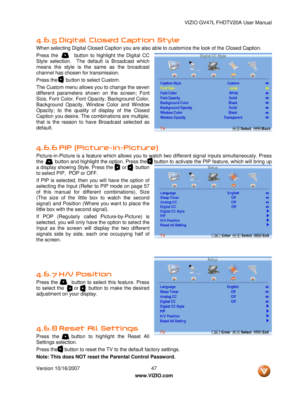 Vizio GV47L FHDTV20A user manual Digital Closed Caption Style, PIP Picture-in-Picture, 7 H/V Position, Reset All Settings 