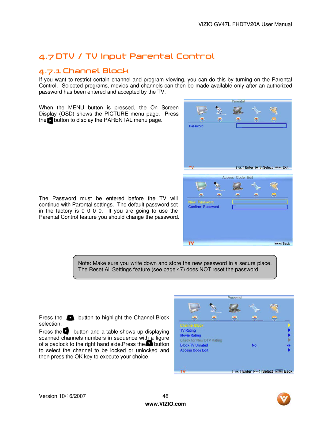 Vizio GV47L FHDTV20A user manual DTV / TV Input Parental Control, Channel Block 