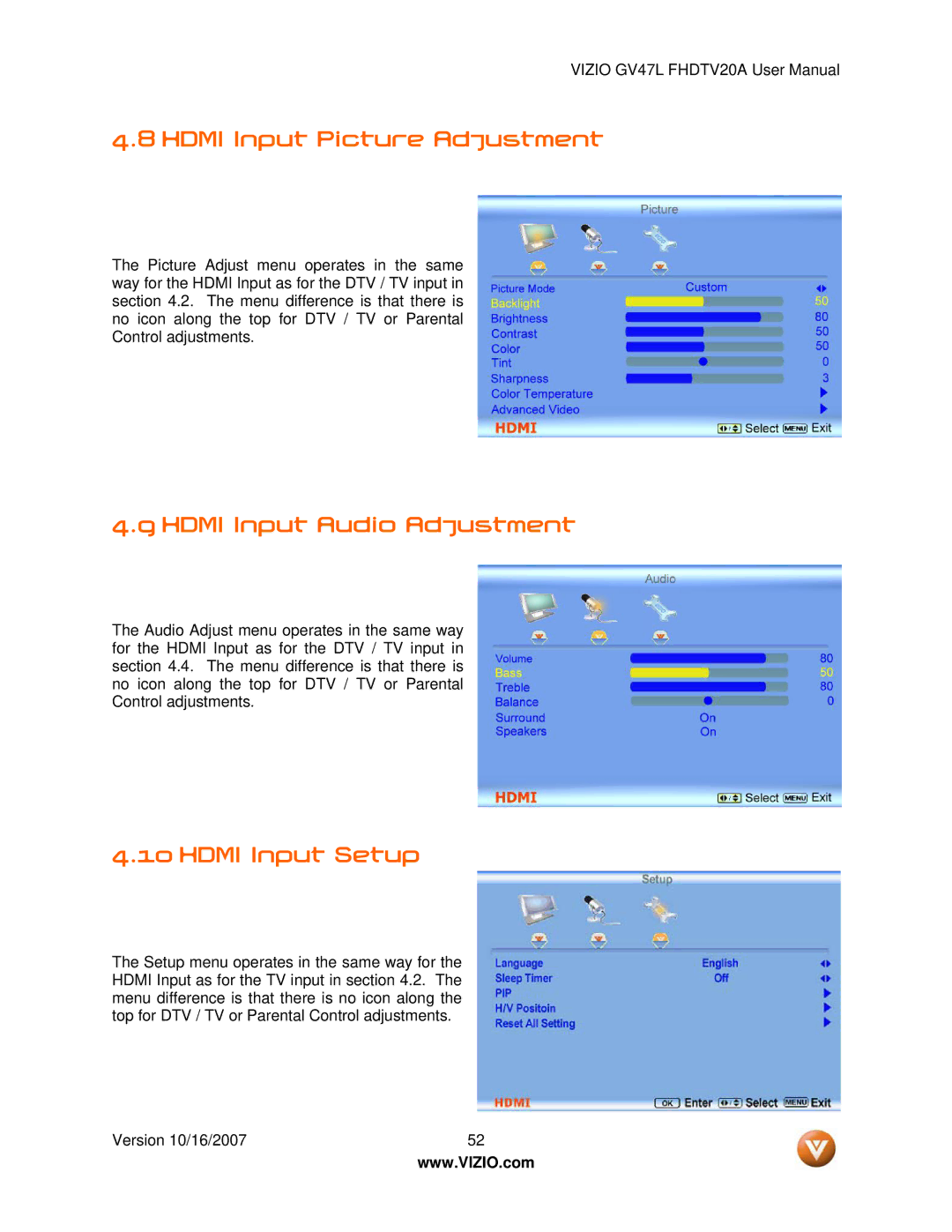 Vizio GV47L FHDTV20A user manual Hdmi Input Picture Adjustment, Hdmi Input Audio Adjustment, Hdmi Input Setup 