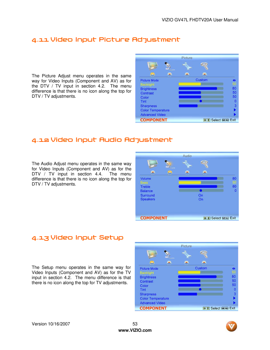 Vizio GV47L FHDTV20A user manual Video Input Picture Adjustment, Video Input Audio Adjustment, Video Input Setup 