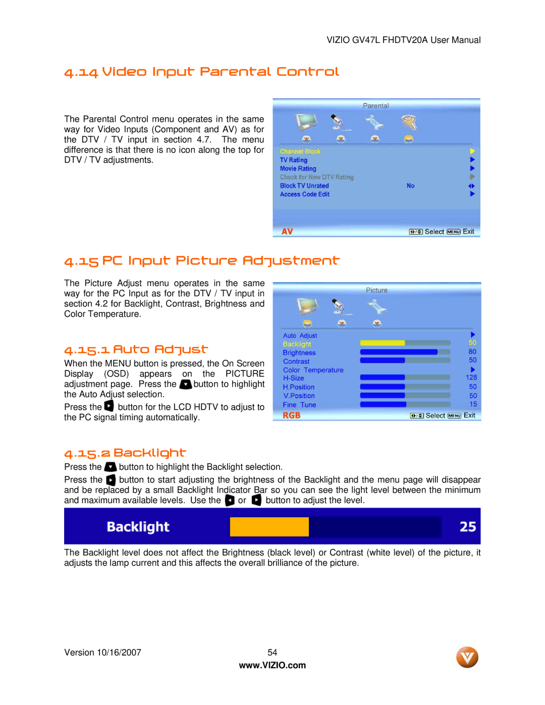 Vizio GV47L FHDTV20A user manual Video Input Parental Control, PC Input Picture Adjustment, Auto Adjust 