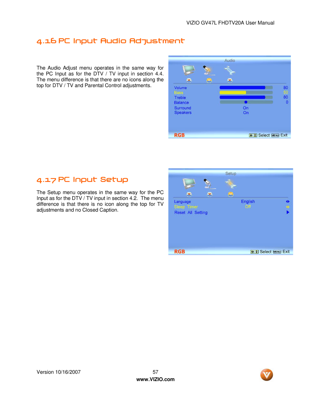Vizio GV47L FHDTV20A user manual PC Input Audio Adjustment, PC Input Setup 