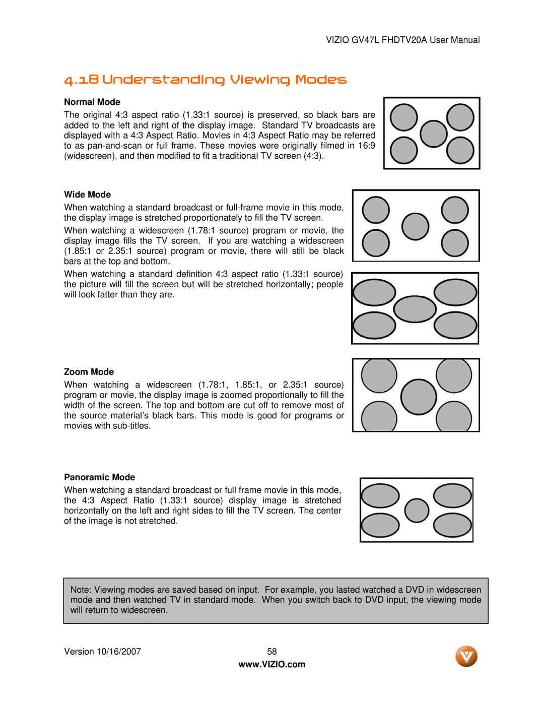 Vizio GV47L FHDTV20A user manual Understanding Viewing Modes, Normal Mode, Wide Mode, Zoom Mode, Panoramic Mode 