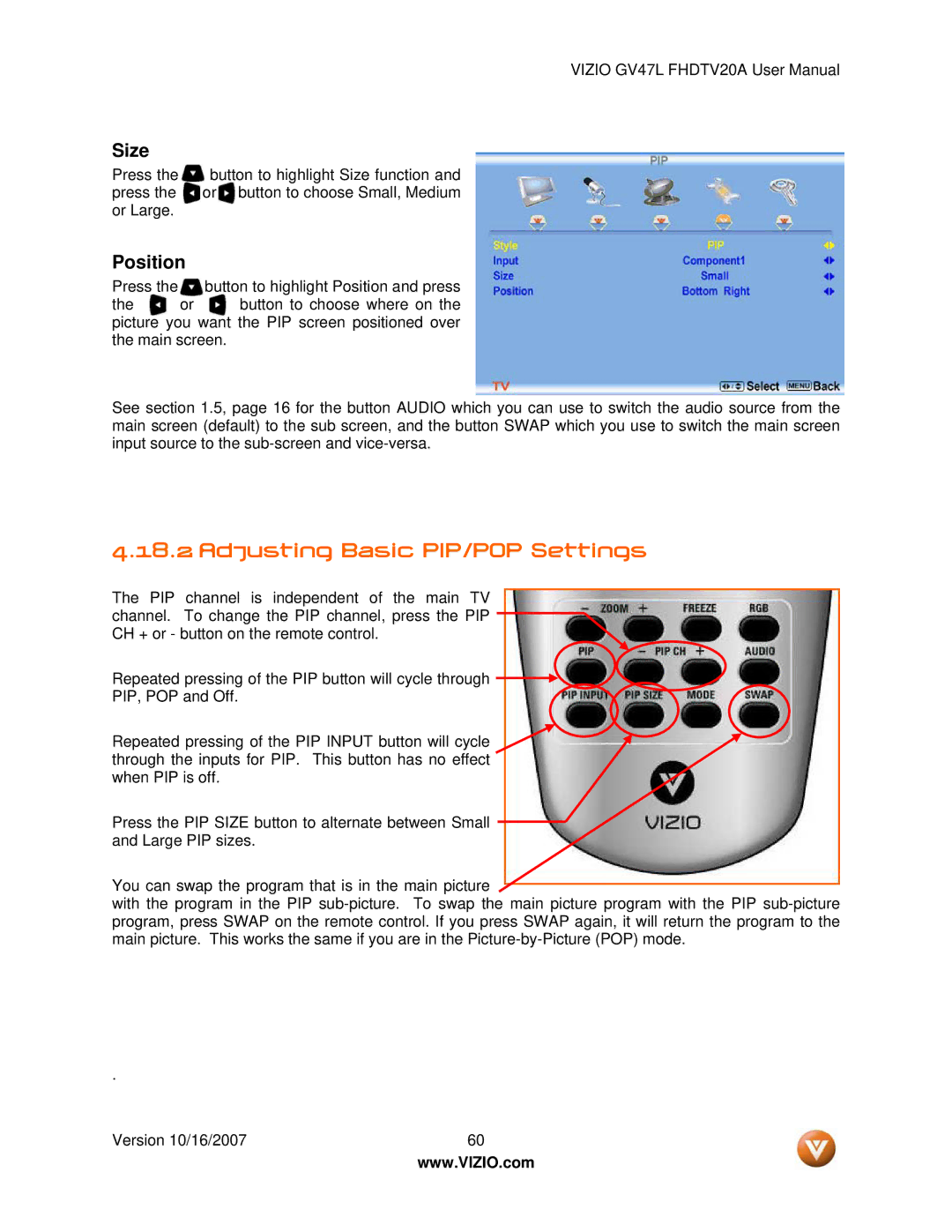 Vizio GV47L FHDTV20A user manual Adjusting Basic PIP/POP Settings, Size 