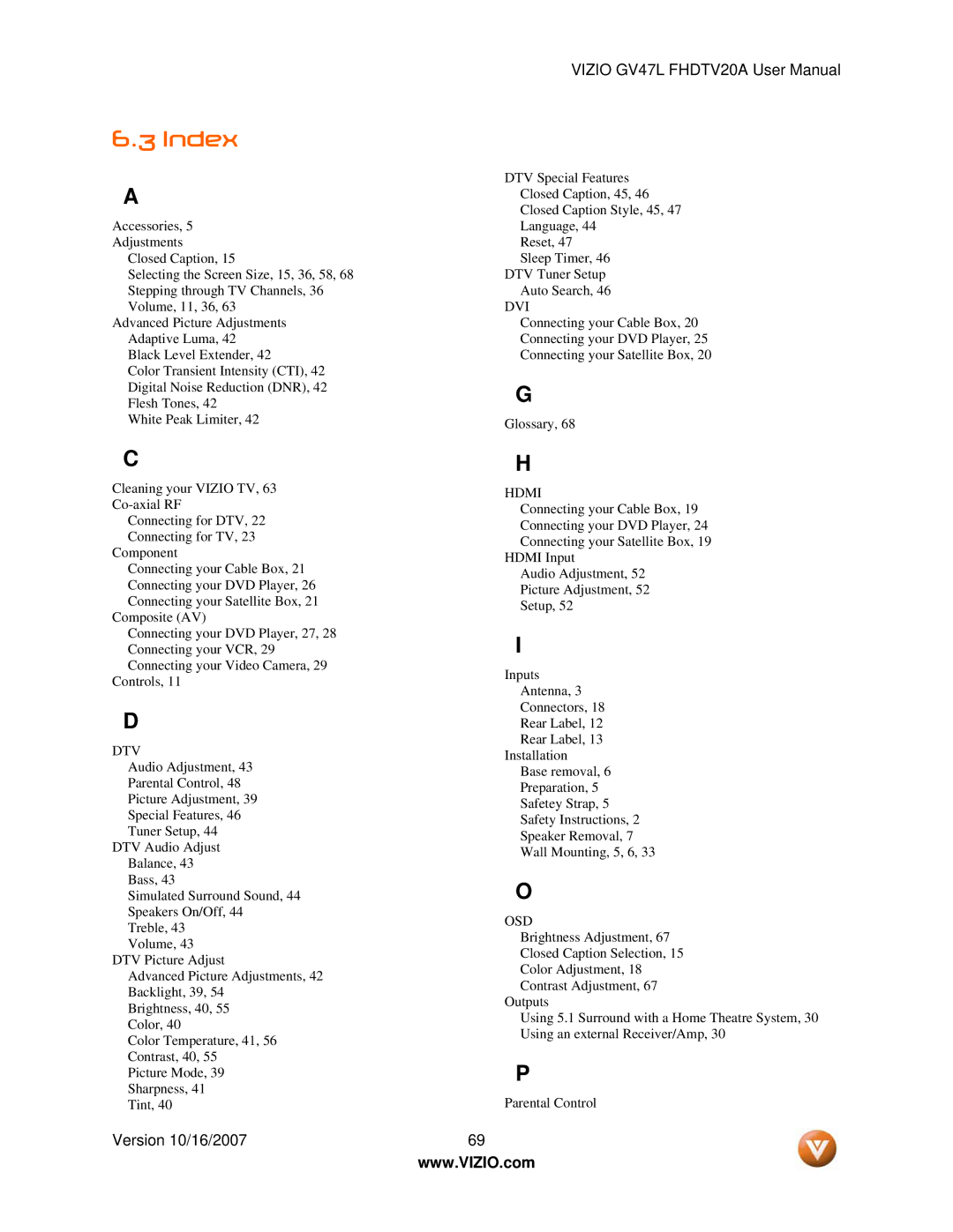 Vizio GV47L FHDTV20A user manual Index, Dtv 