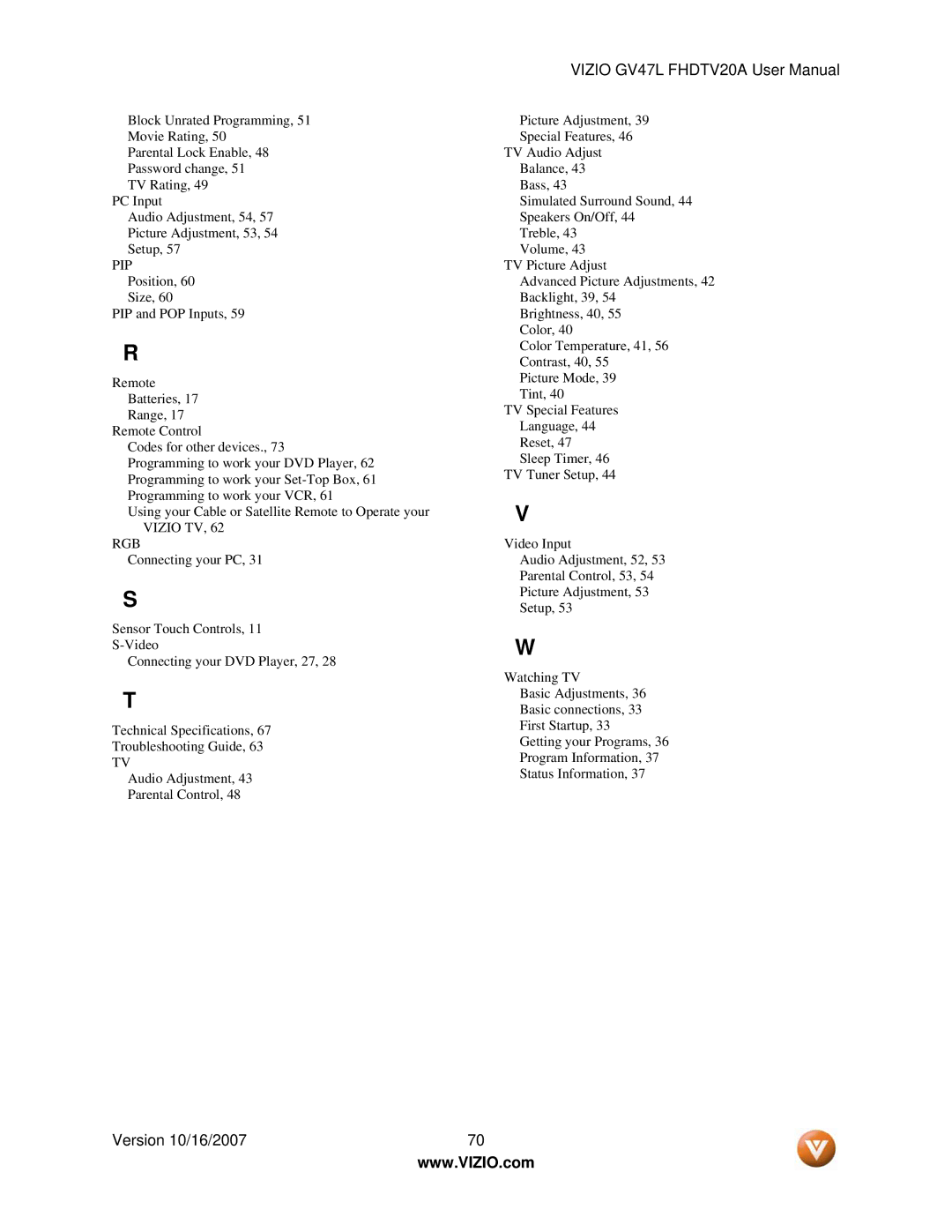 Vizio GV47L FHDTV20A user manual Pip 