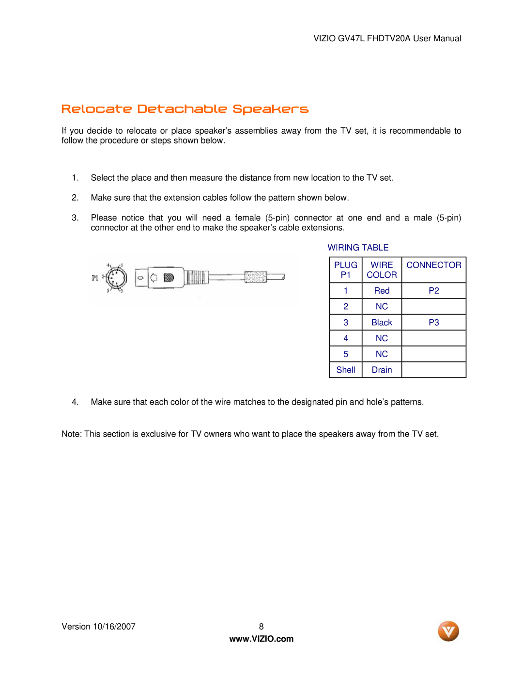 Vizio GV47L FHDTV20A user manual Relocate Detachable Speakers, Wiring Table Plug Wire Connector Color 