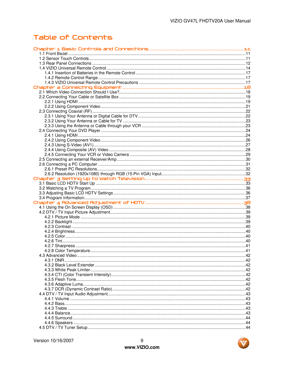 Vizio GV47L FHDTV20A user manual Table of Contents 