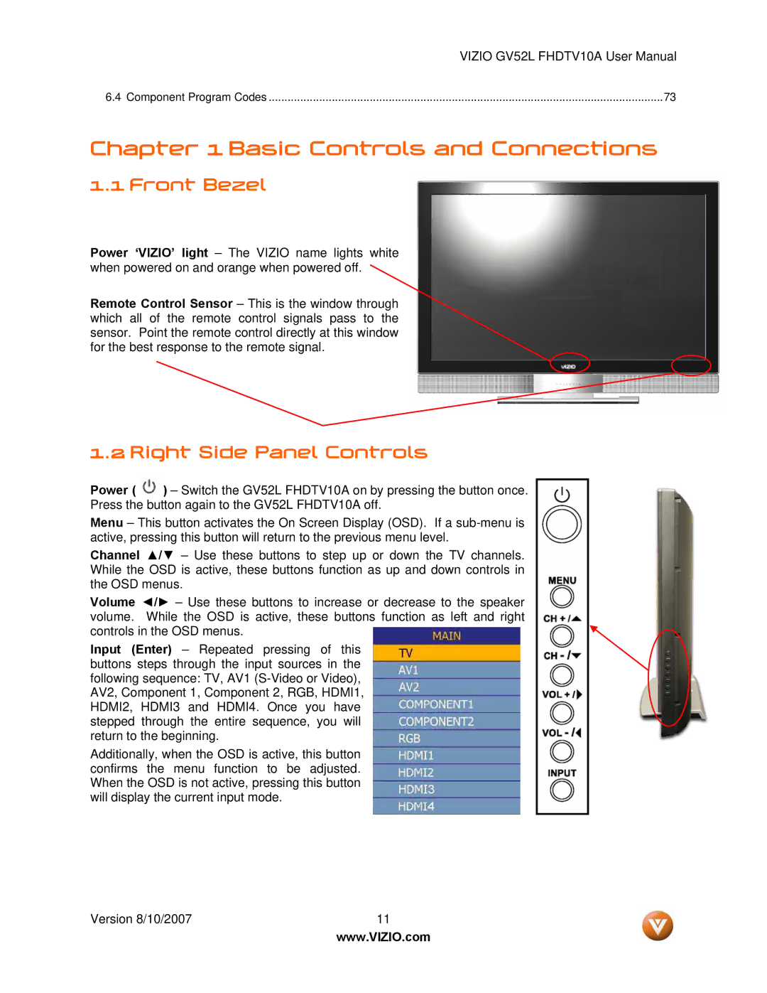 Vizio GV52L FHDTV10A manual Front Bezel, Right Side Panel Controls 