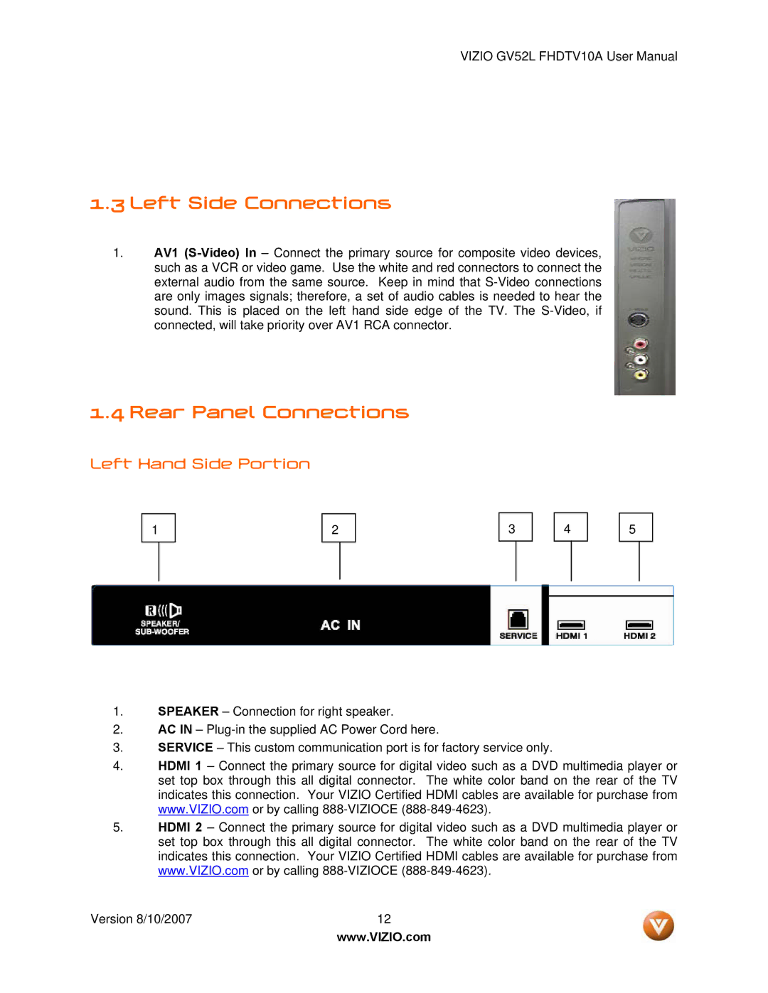 Vizio GV52L FHDTV10A manual Left Side Connections, Rear Panel Connections, Left Hand Side Portion 