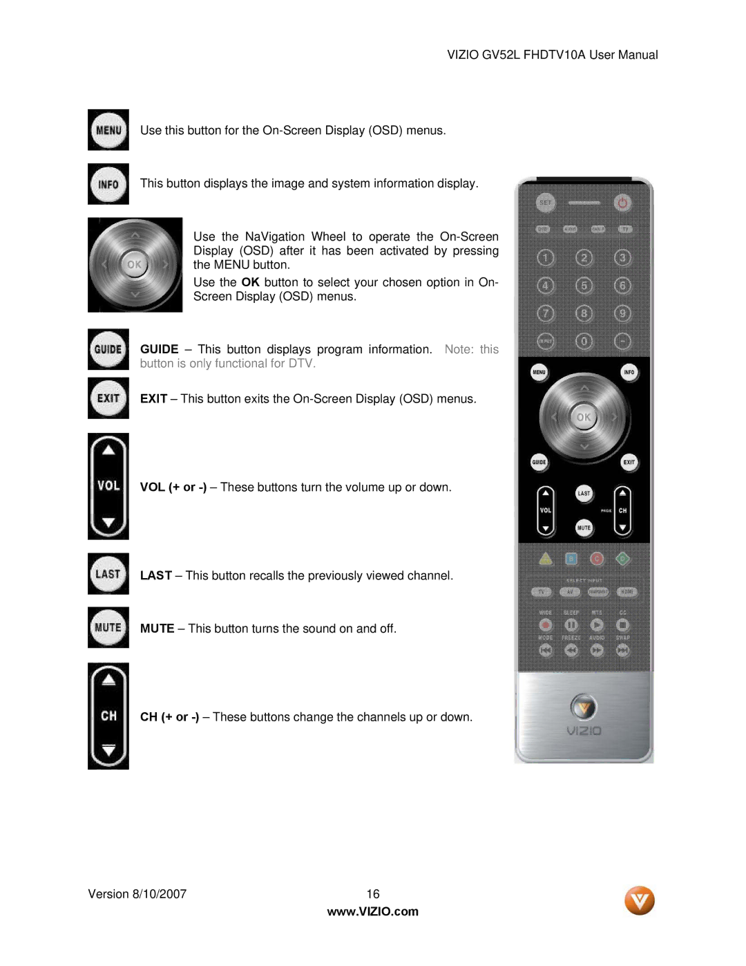 Vizio GV52L FHDTV10A manual 