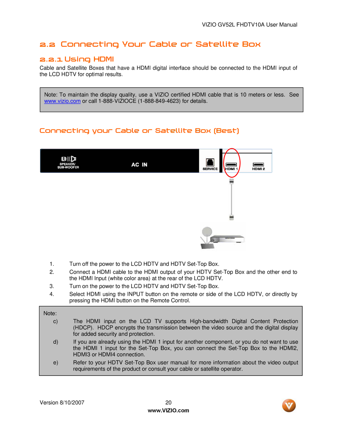 Vizio GV52L FHDTV10A manual Connecting Your Cable or Satellite Box, Using Hdmi, Connecting your Cable or Satellite Box Best 