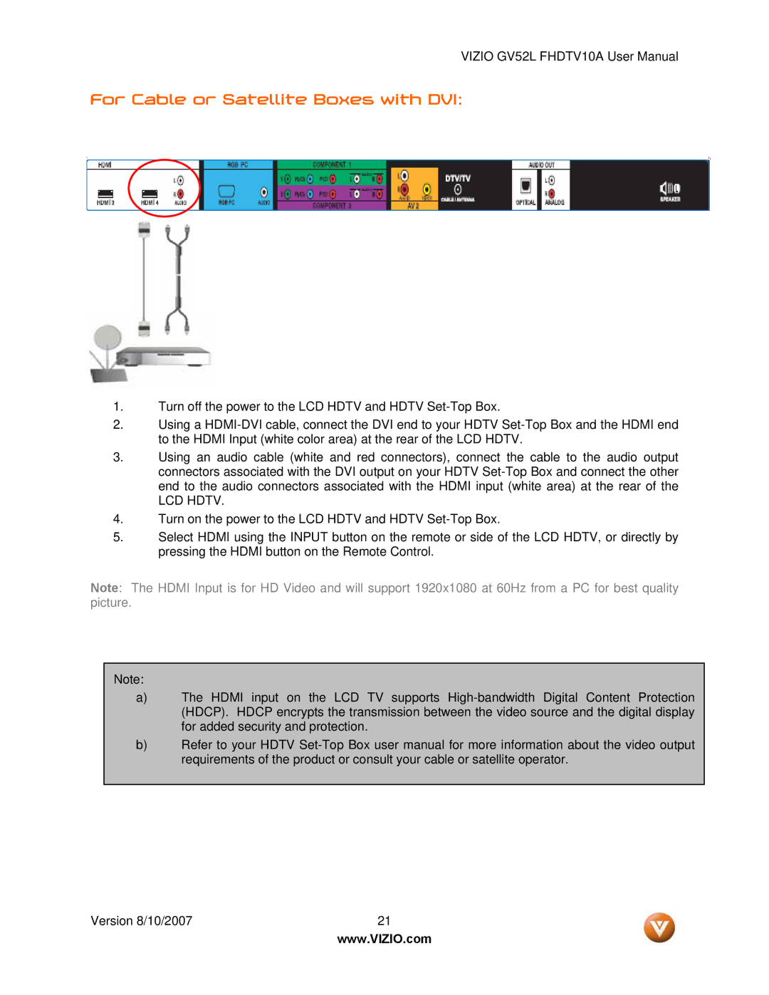 Vizio GV52L FHDTV10A manual For Cable or Satellite Boxes with DVI, LCD Hdtv 