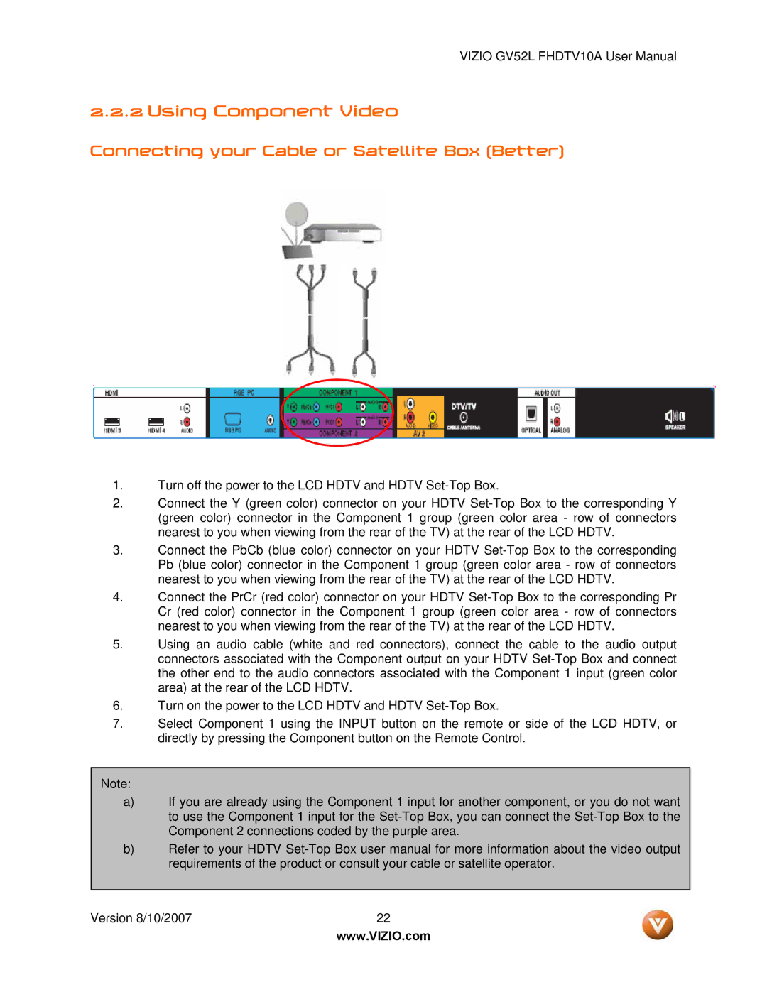 Vizio GV52L FHDTV10A manual Using Component Video, Connecting your Cable or Satellite Box Better 