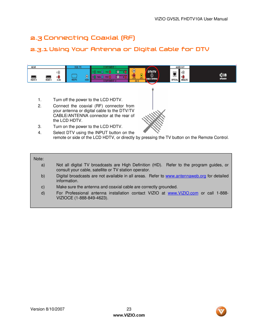 Vizio GV52L FHDTV10A manual Connecting Coaxial RF, Using Your Antenna or Digital Cable for DTV 