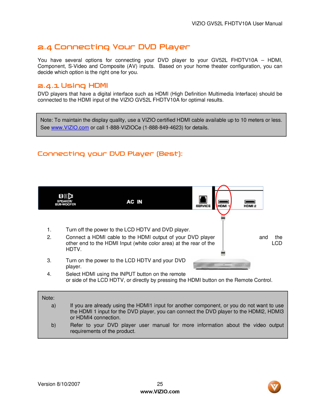 Vizio GV52L FHDTV10A manual Connecting Your DVD Player, Connecting your DVD Player Best 