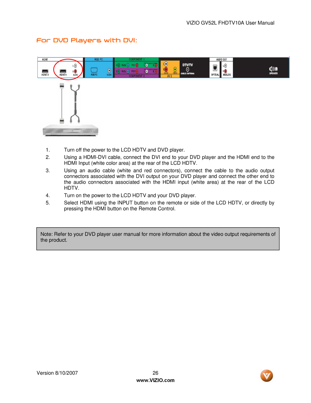 Vizio GV52L FHDTV10A manual For DVD Players with DVI 