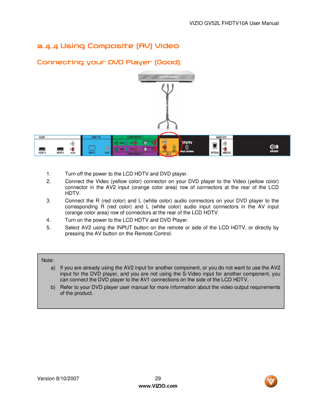 Vizio GV52L FHDTV10A manual Using Composite AV Video 