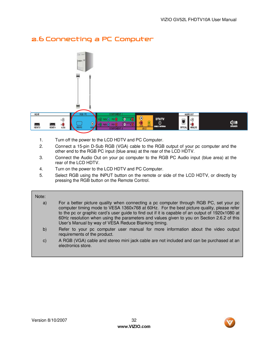 Vizio GV52L FHDTV10A manual Connecting a PC Computer 