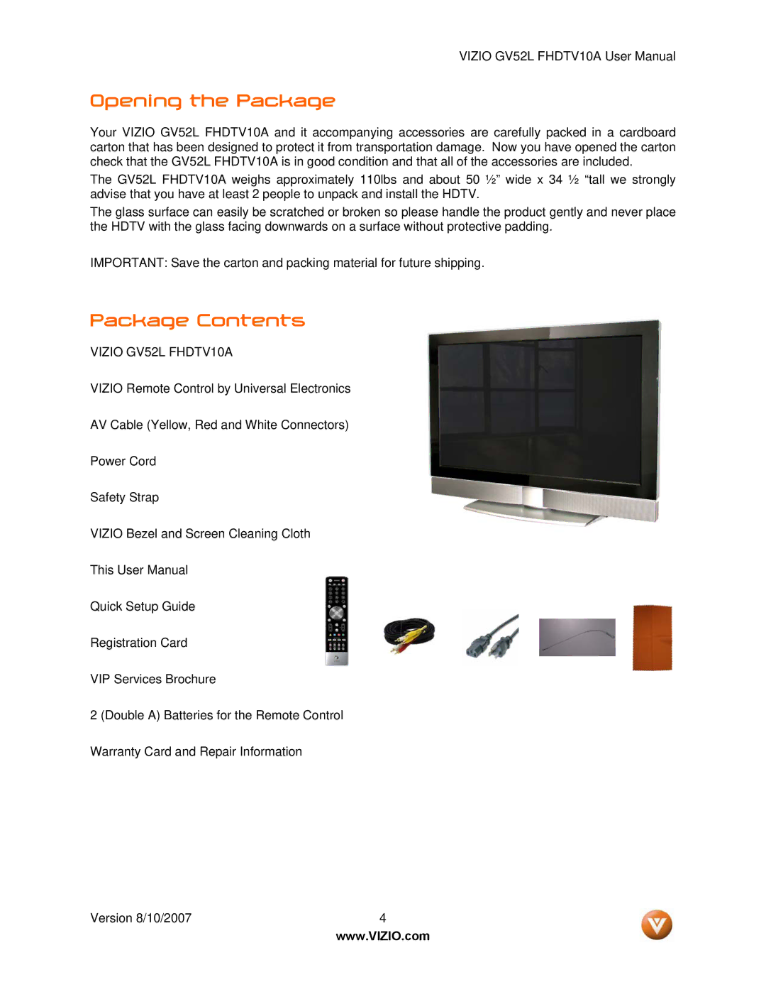 Vizio GV52L FHDTV10A manual Opening the Package, Package Contents 