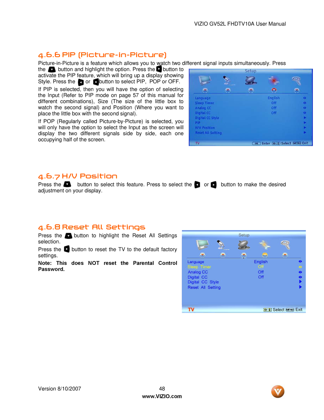 Vizio GV52L FHDTV10A manual PIP Picture-in-Picture, 7 H/V Position, Reset All Settings, Password 