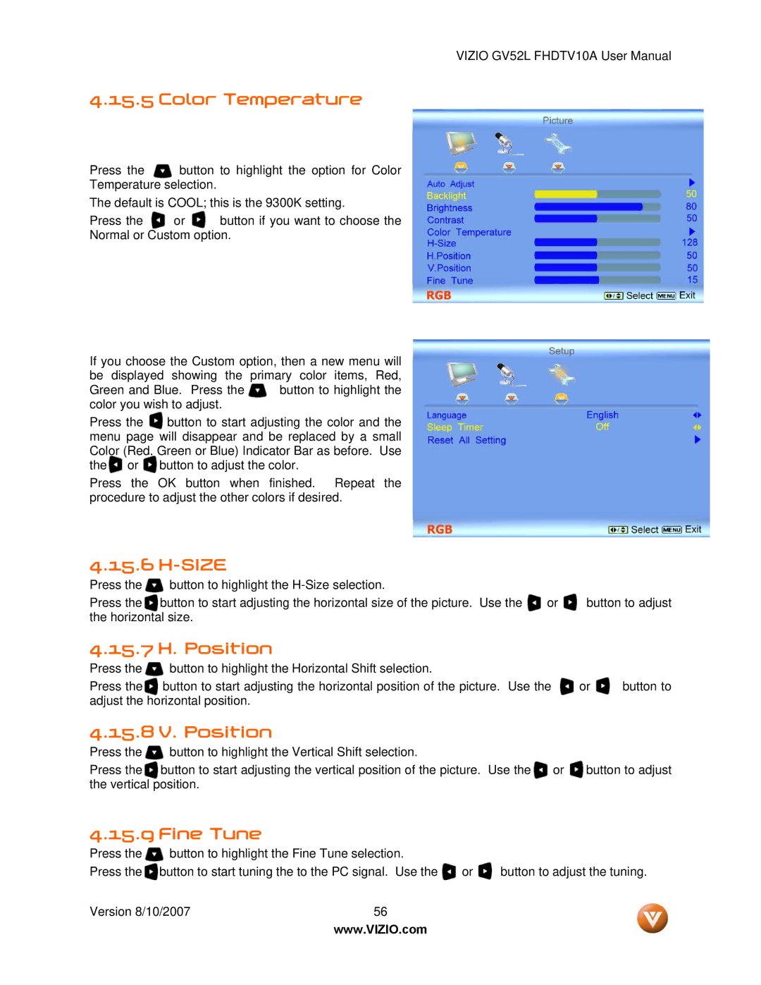 Vizio GV52L FHDTV10A manual Size, 15.7 H. Position, 15.8 V. Position, Fine Tune 