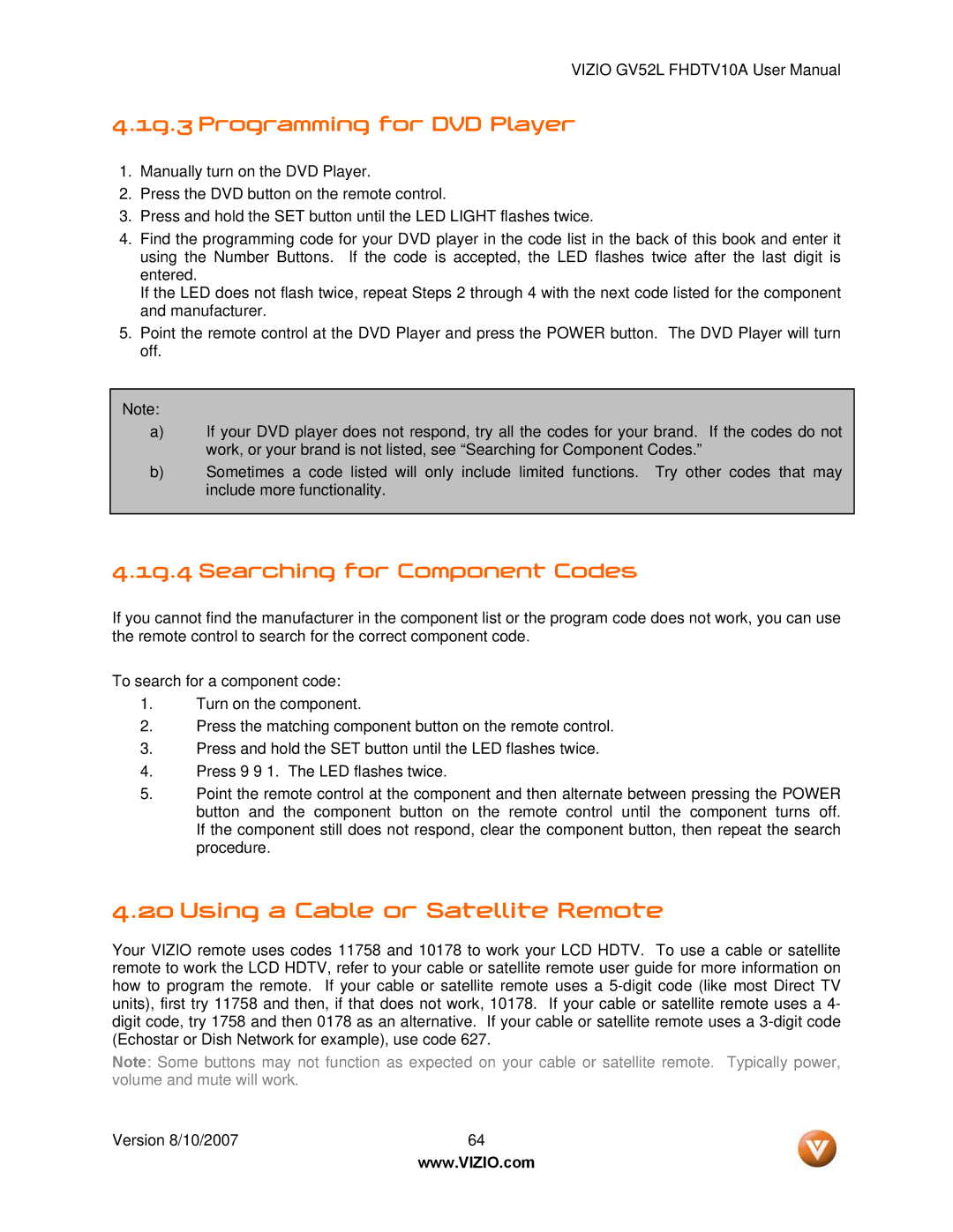 Vizio GV52L FHDTV10A manual Using a Cable or Satellite Remote, Programming for DVD Player, Searching for Component Codes 