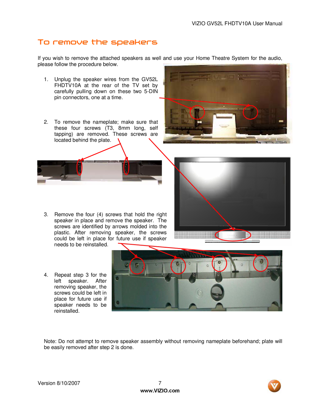 Vizio GV52L FHDTV10A manual To remove the speakers 