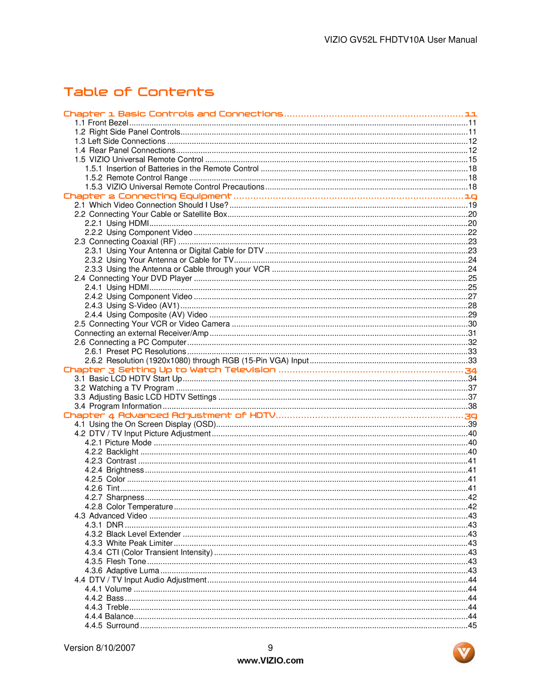 Vizio GV52L FHDTV10A manual Table of Contents 